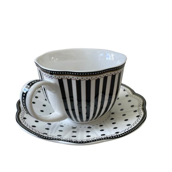 GRACE TEAWARE Black & White Striped Polka Dots Teacup and Saucer Set of 2 New - Picture 16 of 16